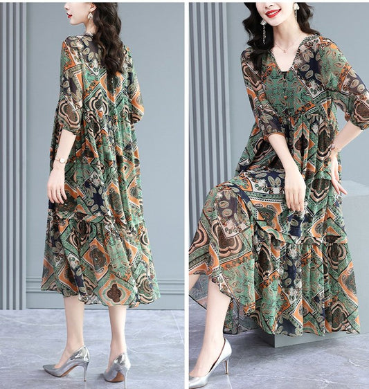 2025 Rochie Floral Vintage din Mătase de Gheață de Vară